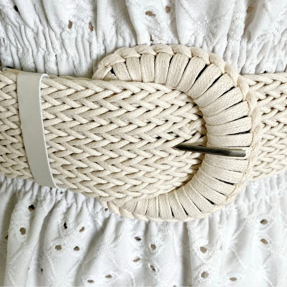 Natural Woven Faux Straw Wide Waist Belt Chunky Round Buckle Cottage Boho summer